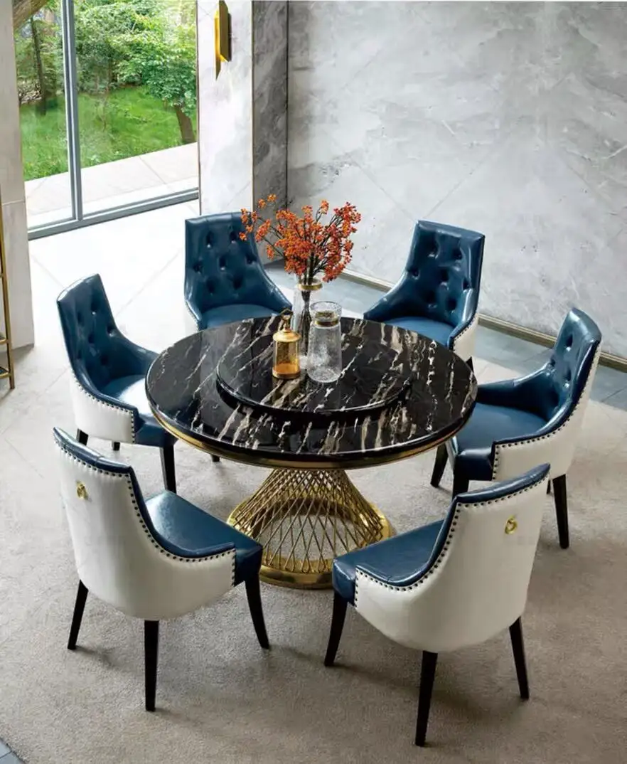 Dessus en marbre français jambe de fer moderne Mables maison ensemble de meubles de salle à manger dîner Table ronde Table à manger et ensemble de chaises pour 6