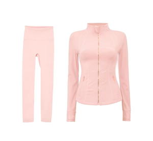 ชุดกีฬา2ชิ้นสำหรับผู้หญิงชุดเสื้อแจ็คเก็ตและเลกกิ้งสำหรับเล่นโยคะระบายอากาศได้ดีสีพื้น - Product Image 5