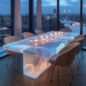Mesa de comedor de Jade Natural de lujo, mesa de comedor de Isla de gama alta Rectangular moderna con parte superior de mármol de gama alta de Piedra Rosa luminosa - Product Image 5