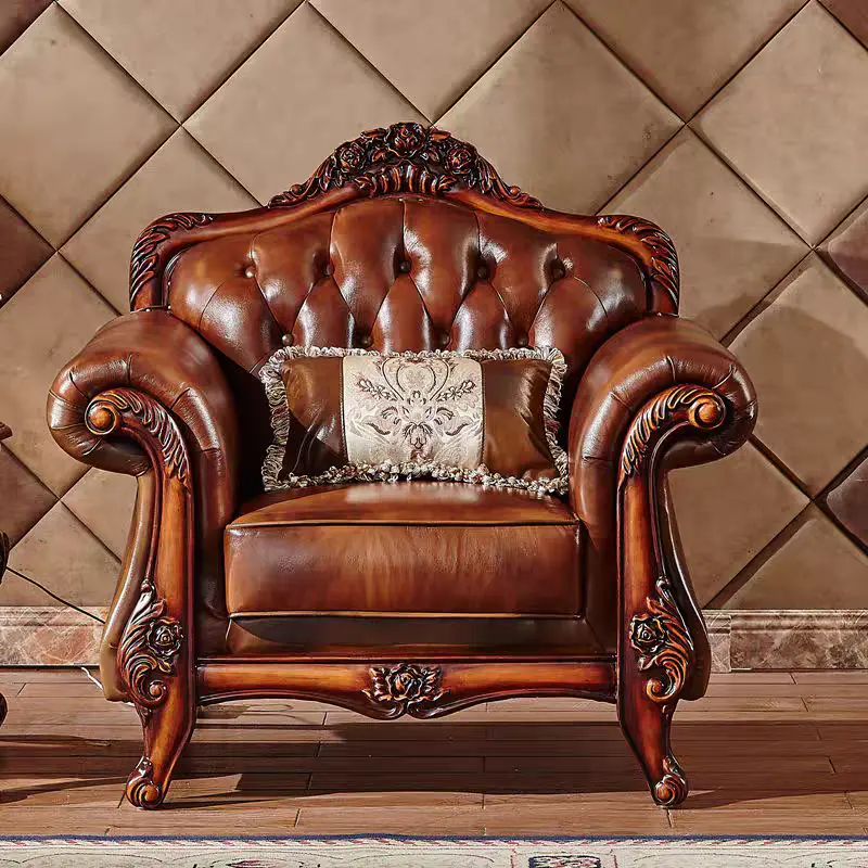 High quality European American first layer cowhide solid wood 1 seater U-shaped retro living room genuine leather sofa set