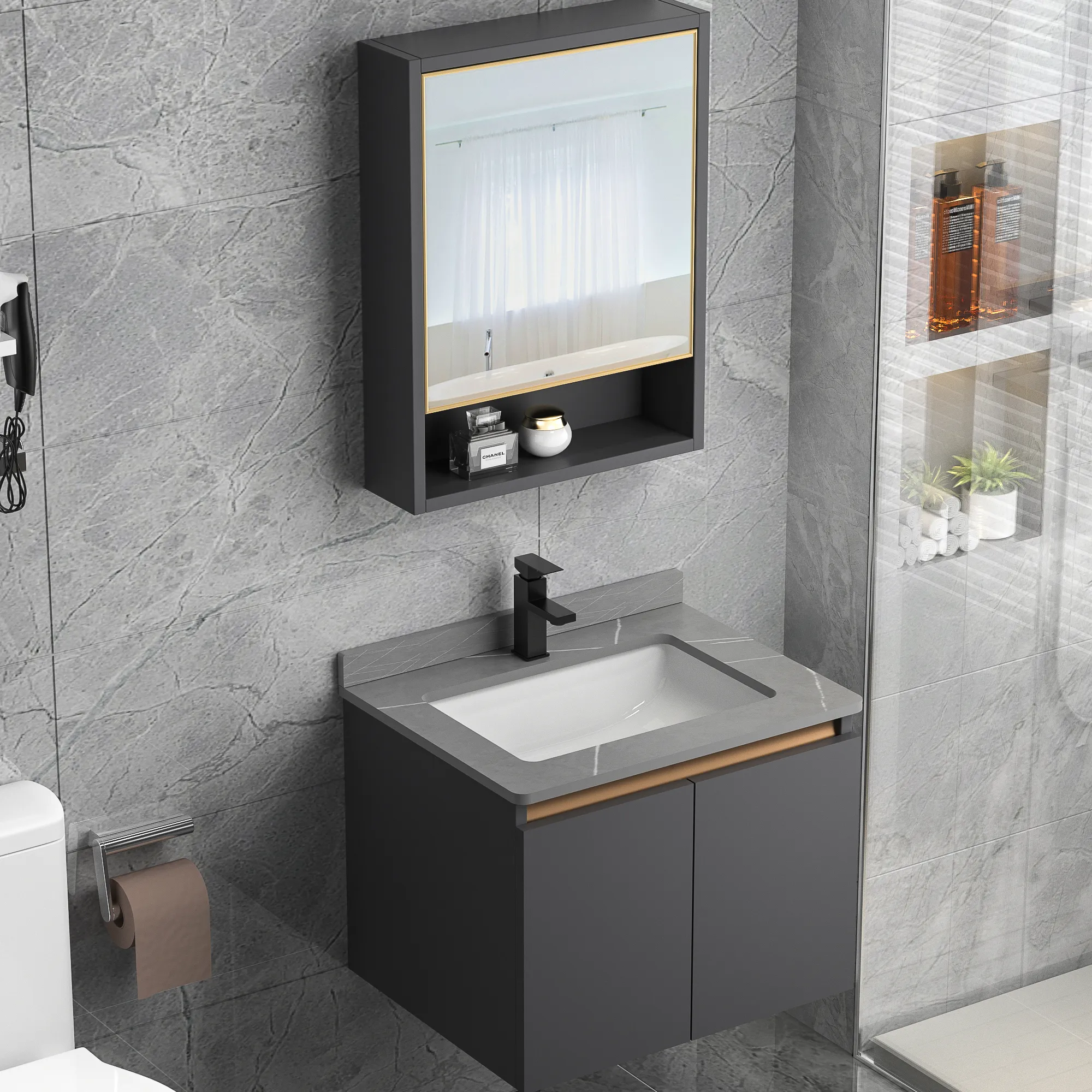 Tocador de baño de acero inoxidable montado en la pared, calidad superior, venta al por mayor, con espejo, para Hotel y baño