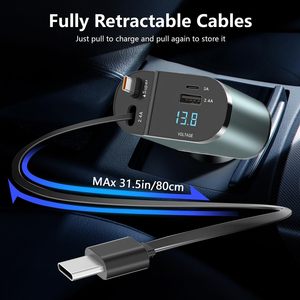 带可伸缩电缆和电压显示器的4合1车载充电器适配器，12V/24v车辆，快速电话车载充电器，2个Usb端口 - Product Image 3