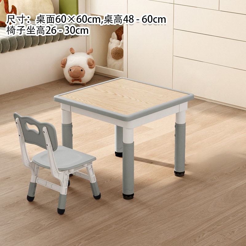Una mesa y una silla en color gris veteado de madera.