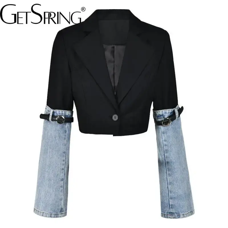 GetSpring Blazer pour femmes 2023 Automne Mode Bouton unique Denim cousu pour femmes Blazer noir Manteau court Veste de costume mince pour femmes