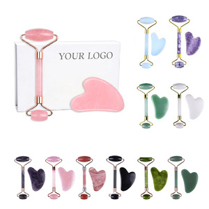 Custom Logo Rose Quartz Facial <strong>Jade</strong> Roller Guasha Kit Anti-aging Tool Crystal Stone Face Roller and Gua Sha Massage Set - Product Image 1