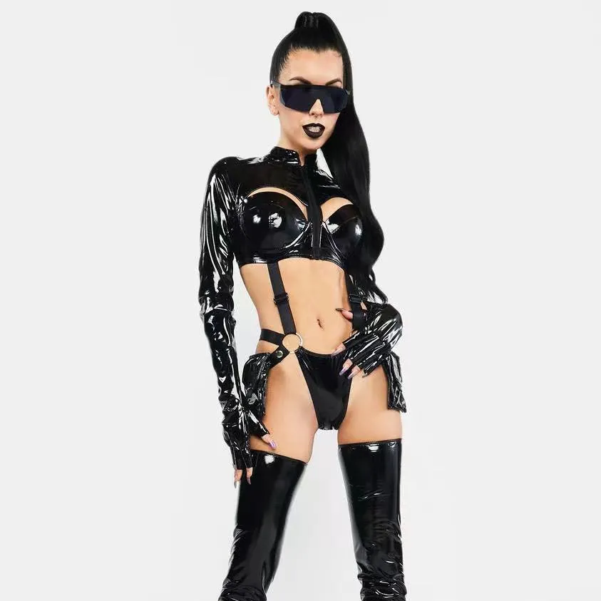 Factory Sell Sexy Women Halloween Costumes Fullbody Black Catsuit Catwoman Cosplay Leather PU Sexy Costume