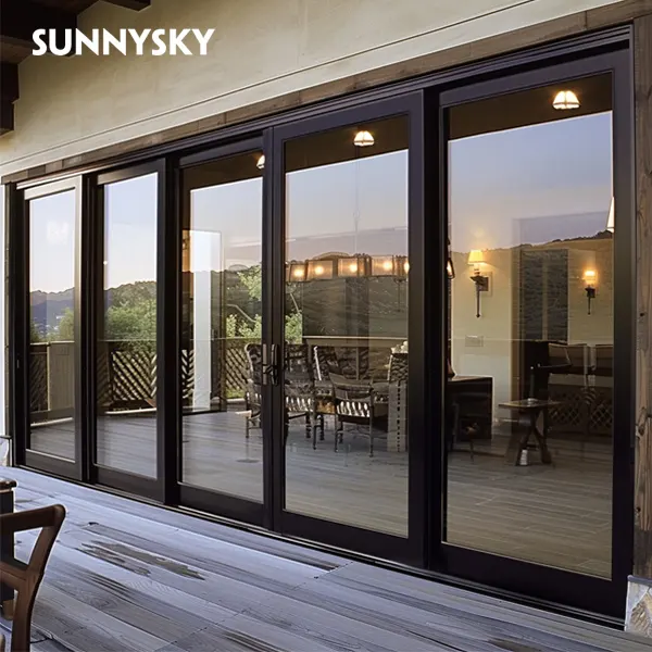 Sunnysky thiết kế sang trọng Patio cửa Thiết kế hiện đại Windproof bên ngoài cách âm nhôm trượt cửa kính
