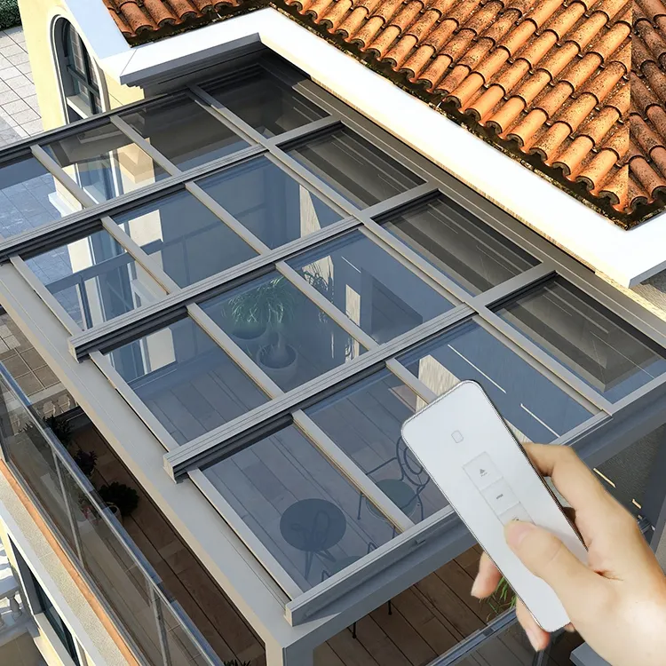 1 Conjunto MOQ Vidro Retract Roof System Alumínio Toldos Pergola Sistemas Automáticos Deslizante Prach Telhado Retrátil