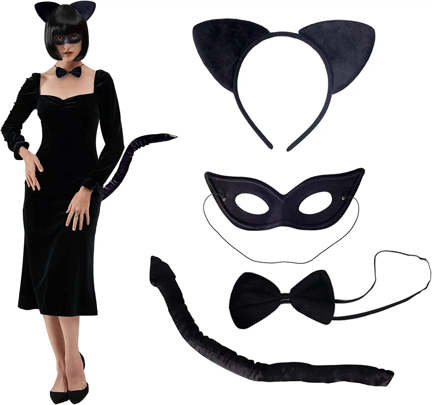 Pafu 4 adet Cosplay kostüm seti siyah papyon müzikal performans parti göz maskesi kuyruk kadınlar Hairband
