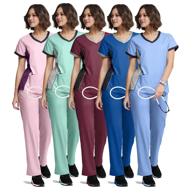 Set di Scrub elasticizzato per donne con scollo a V uniforme medica uniforme da ospedale nuovo Design personalizzato a basso costo blocco di colore tessuto per le donne in saia