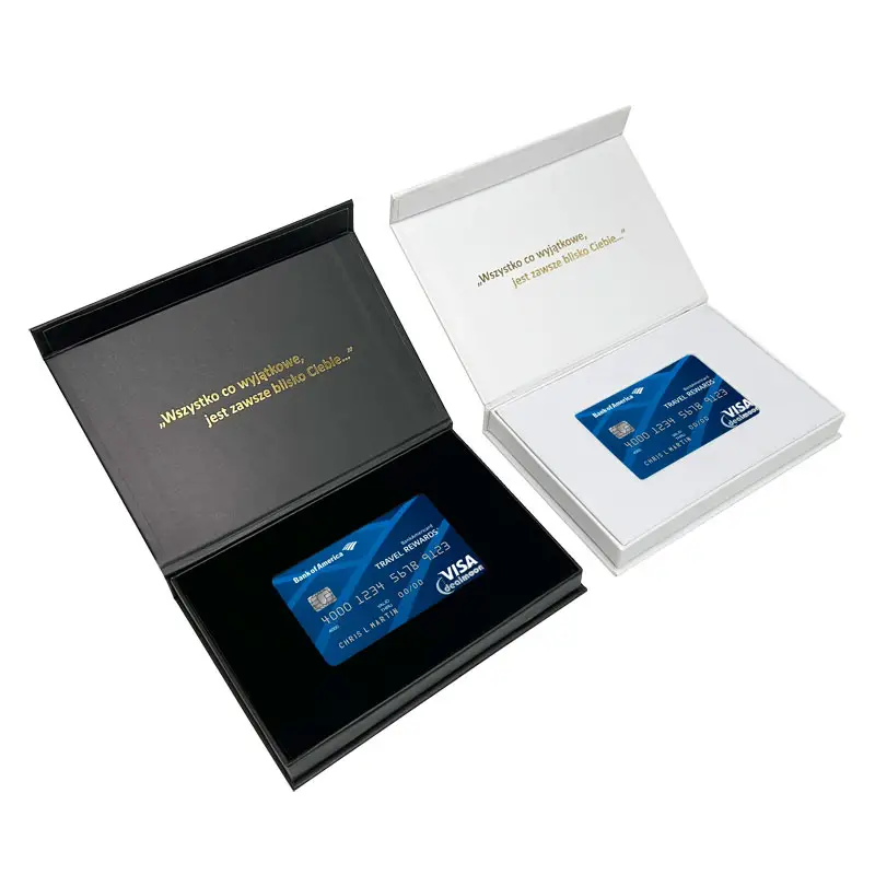 Caja de cartón personalizada en forma de libro, tarjetero Vip magnético con inserto para tarjeta de crédito, color blanco y negro