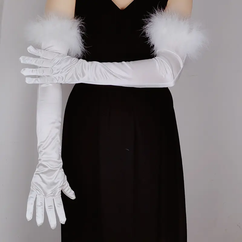 55cm elegante retro Vintage satén negro pluma encaje largo vestido de novia elástico spandex satén 4 colores guantes