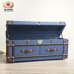 HJ ev eski Vintage mavi vapur gövde göğüs antika seyahat gövde mumlu tuval sehpa saklama kutusu - Product Image 3