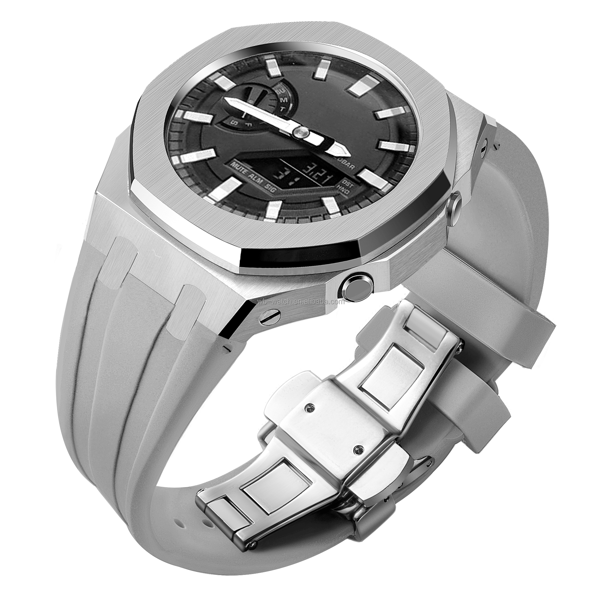 Boîtier argenté, bracelet gris