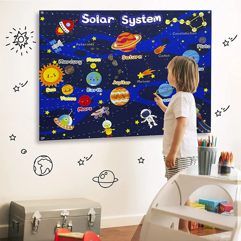 Sistema Solar de planetas para niños, juguetes interactivos para contar cuentos, juego de pared colgante de fieltro, tablero del espacio exterior, juego de historia, 40 Uds.