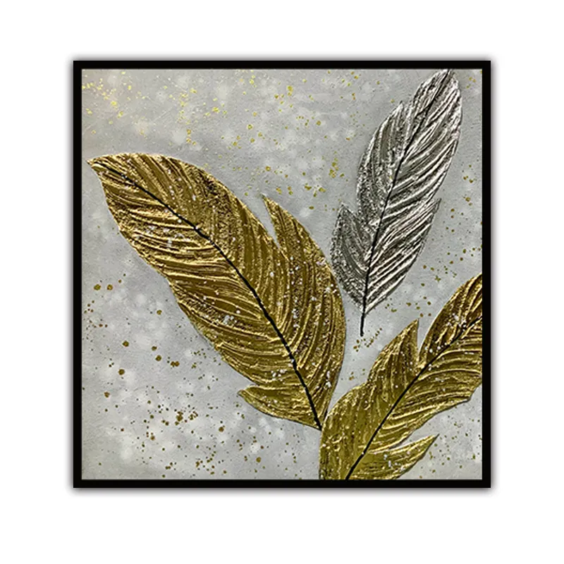 Lujo ligero y simple 100% pintado a mano hoja de oro y plata arte planta tridimensional decoración de la pared del hogar pintura al óleo