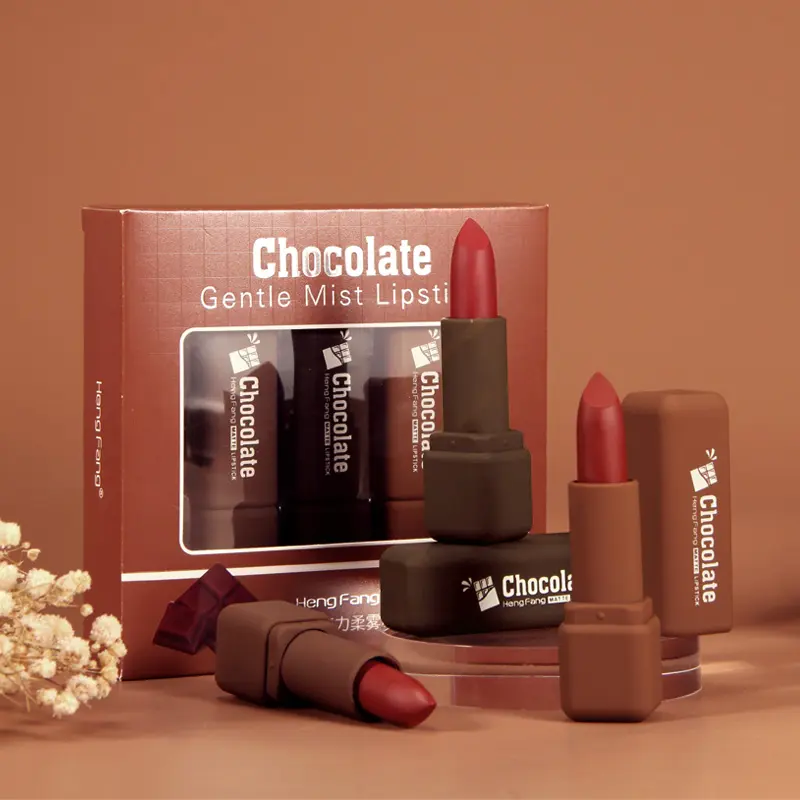 Set Make Up Kustom Lipstik Kotak Hadiah 3 Warna Matte Coklat Lembut Kaya Bahan Alami