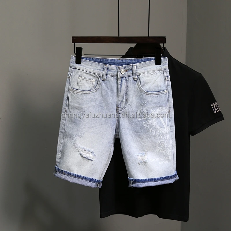 Summer men's jeans hole casual shorts washed high-quality shorts