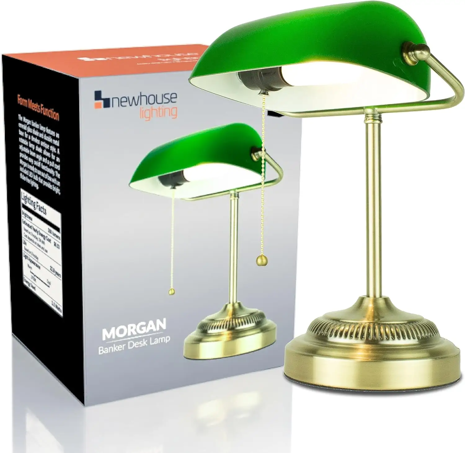 Glass Banker Desk Lamp with Pull Chain Switch Plug in Fixture