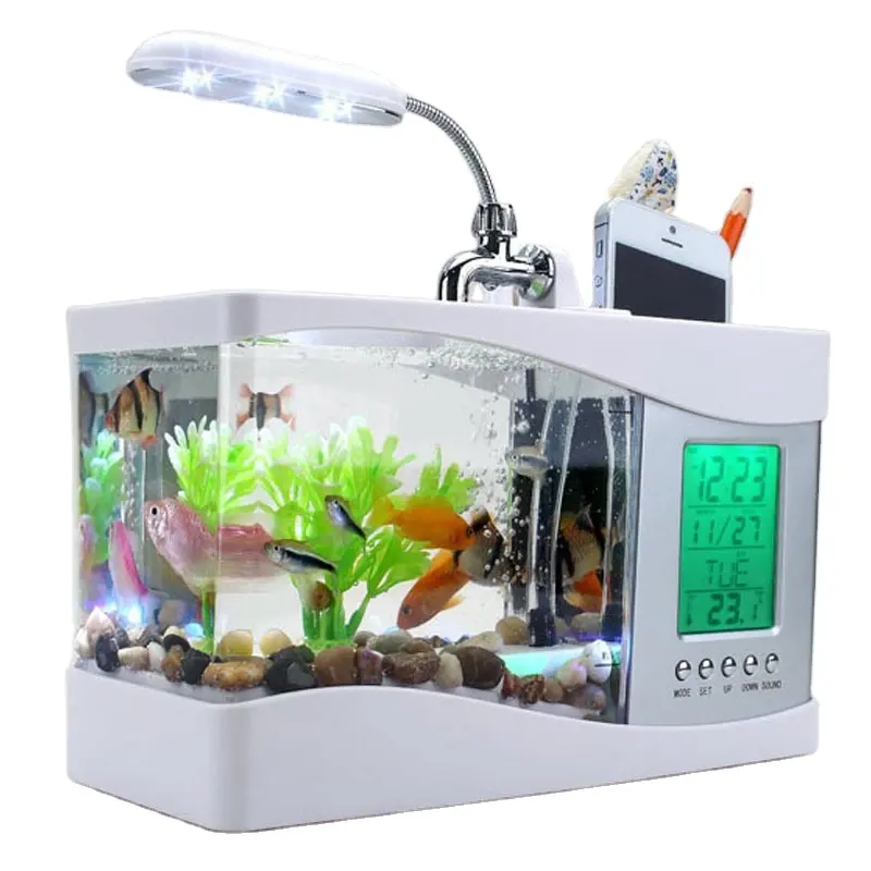 Mini Aquarium USB avec lampe de bureau LED, affichage LCD, horloge, Aquarium, écosystème