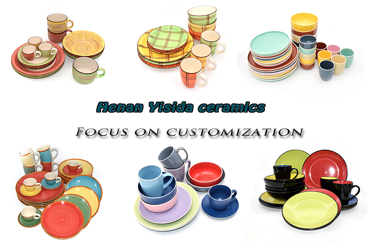 Promotional color ceramic plate sets kitchen restaurants 16PCS stoneware hand painted dinner set ceramic