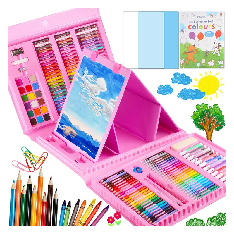 208 Uds. Kits de arte con caballete triple, juego de arte de pintura de lujo, suministros de Arte de dibujo para colorear, estuche de regalo para niños