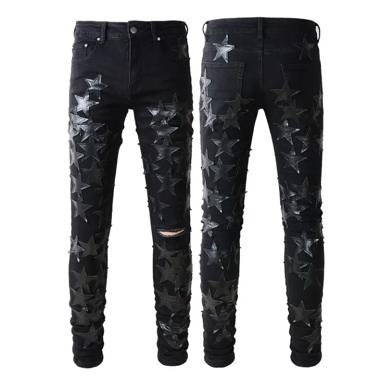 OEM black Star Patches Relaxado Jeans Brilhante Macio Regular Plus Size Appliqued Jeans dos homens Cônico