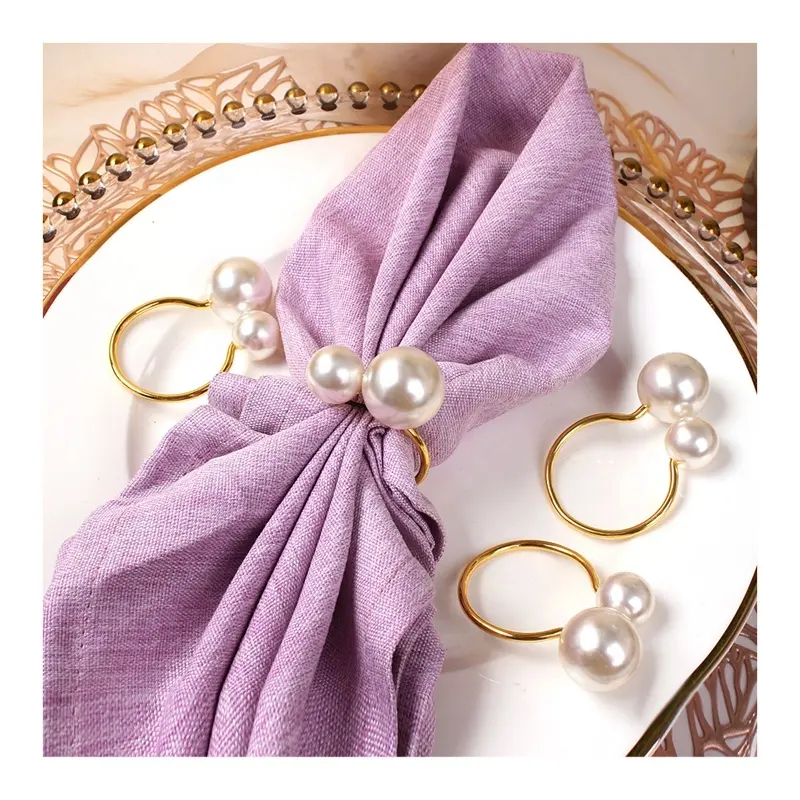 Simple de lujo luz servilleteros perlas botón boda hotel restaurante de la boca de tela