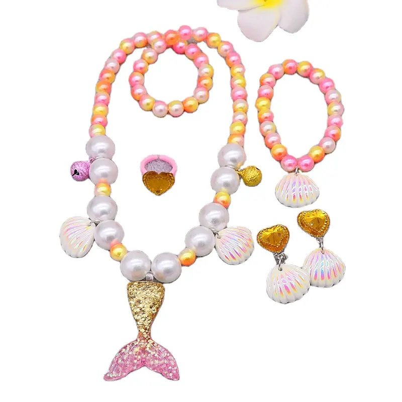 Collar para niños belleza cola de pez collar de perlas pulsera anillo pendientes conjunto accesorios al por mayor joyería de niña