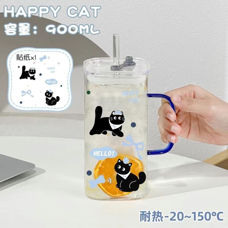 Party Kitten 900 ml, tasse simple + paille transparente + couvercle transparent