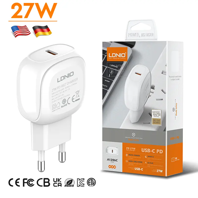 LDNIO A1206C OEM ODM pengisi daya telepon 27w usb Tipe c pd pengisi daya cepat pengisi daya dinding ponsel untuk apple 15 14 pro max huawei mate 60