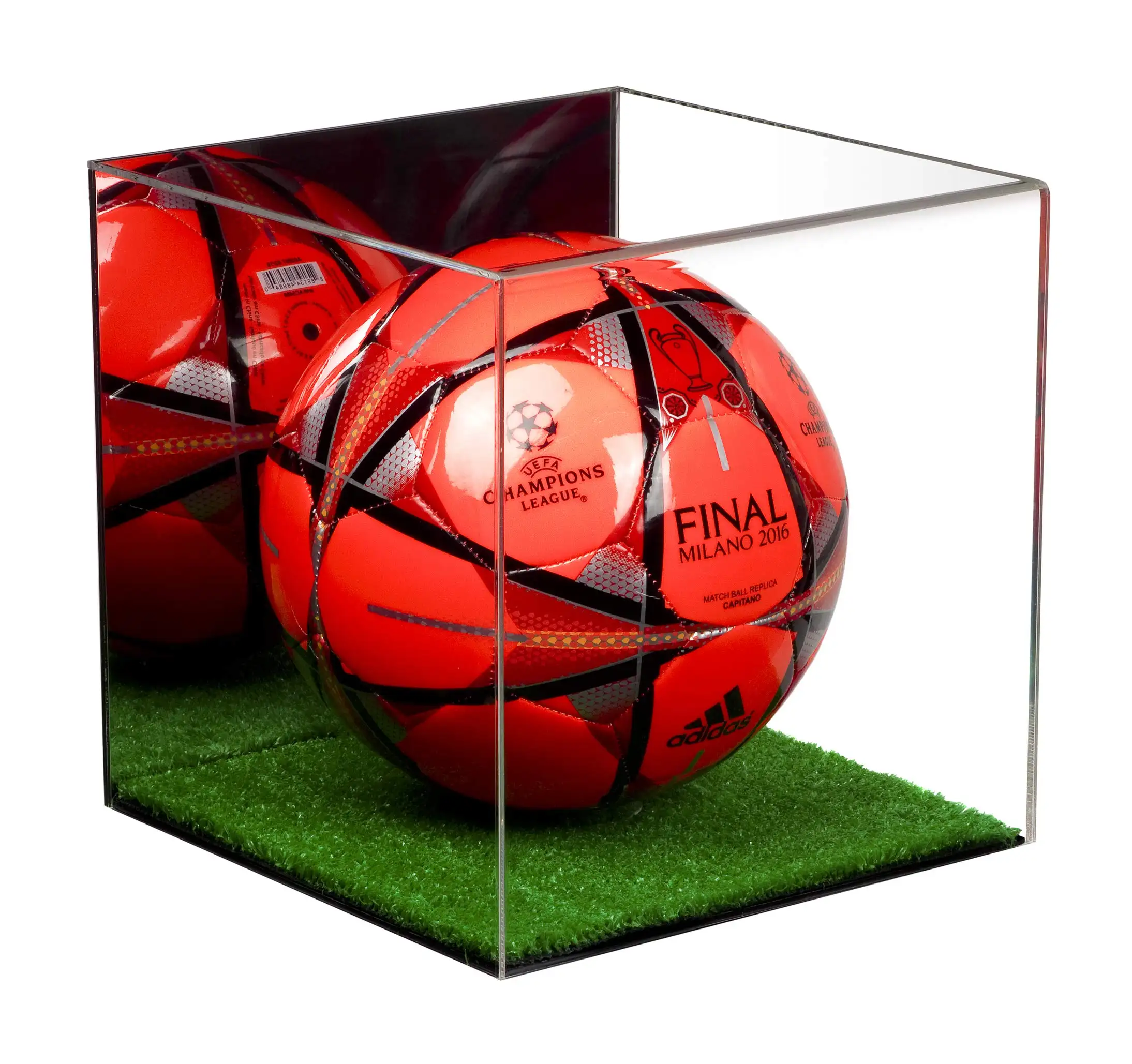Acrílico transparente Fútbol Memorabilia Cube Mirror Back Perpsex Soccer Bowling Ball Caja de presentación con base de césped