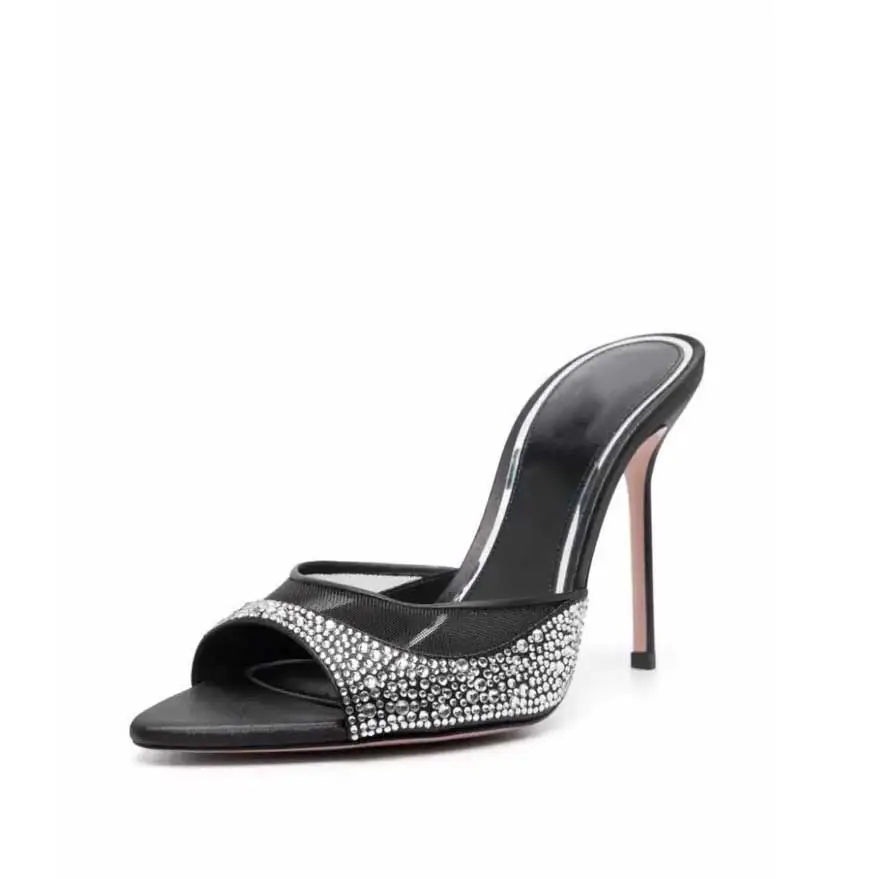 Zapatos de tacón alto con punta en pico para mujer, nuevas zapatillas de tacón alto de piel de oveja de gamuza de lujo Swarovski Hot Diamond