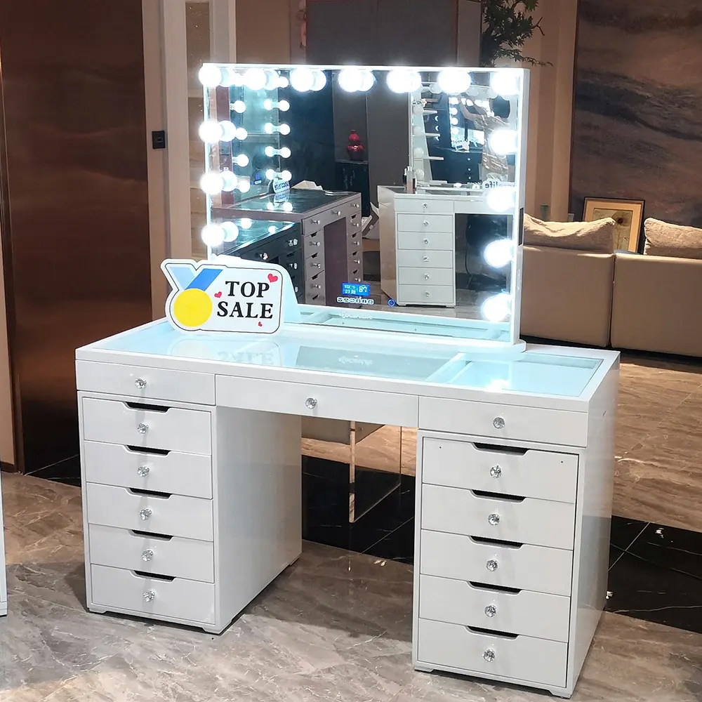 Stock in US! Docarelife Luxurious Dresser 13 Drawers MDF Wood Modern Bedroom Vanity Dressing Table with Hollywood Mirror