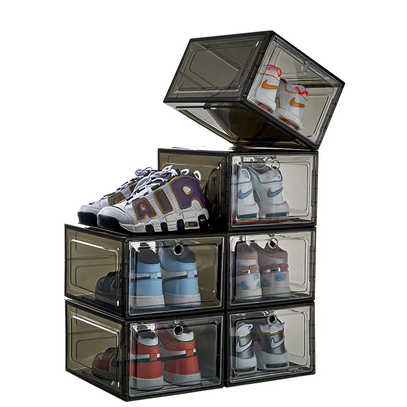 Scatola di scarpe trasparente personalizzata impilabile cremagliera di plastica premium custodia in acrilico trasparente per scarpe cassa scatola di immagazzinaggio