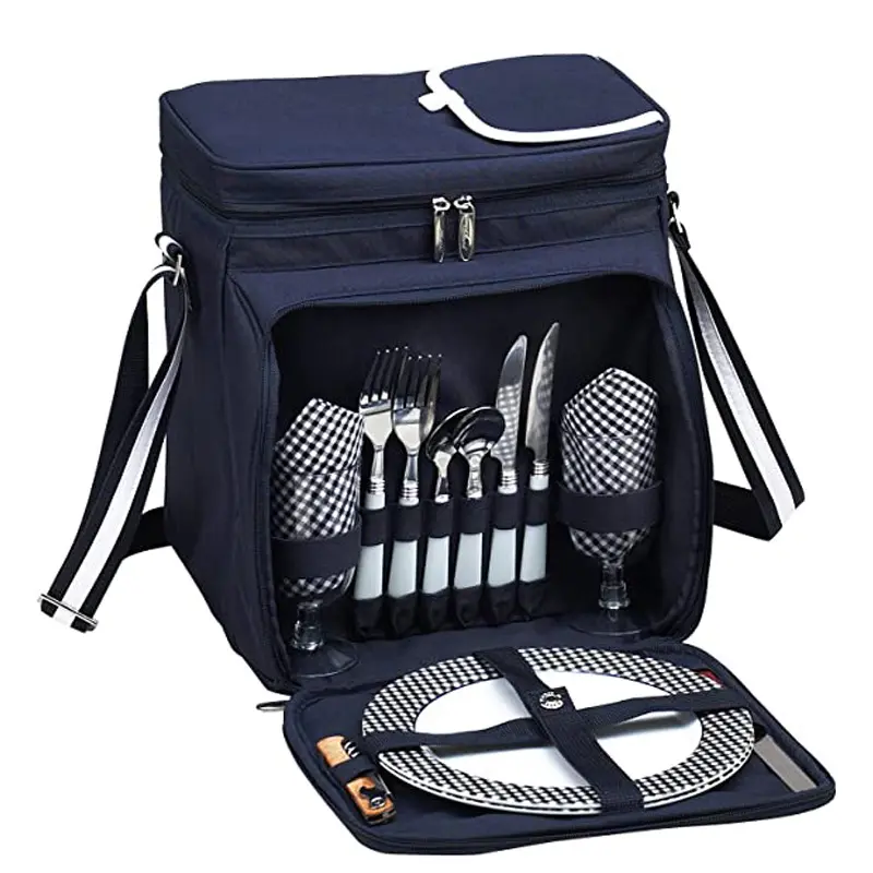 OEM tas piknik terisolasi, dengan pemegang peralatan makan poliester termal untuk berkemah luar ruangan pembawa makanan tas pendingin lembut