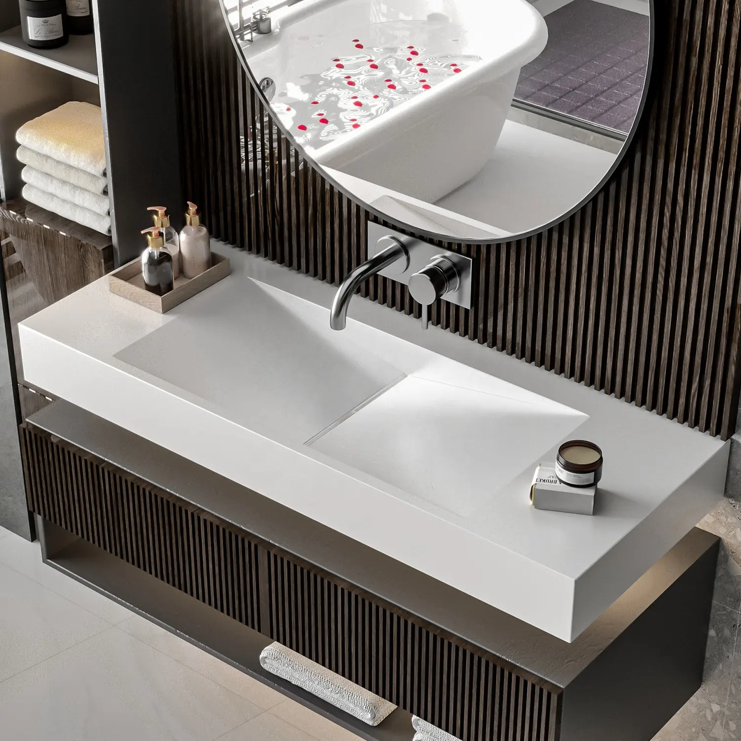 Fanwin lüks dikdörtgen beyaz katı Modern sanat yıkama duvar lavabo lavabo banyo taş reçine havzaları lavabo