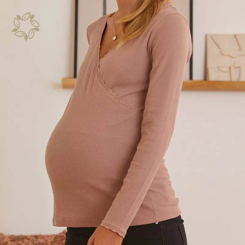 V-Ausschnitt schwanger Top Bio-Baumwolle Mutterschaft T-Shirt umwelt freundlich Stillen T-Shirt Rippens trick Frauen Stillen Bluse
