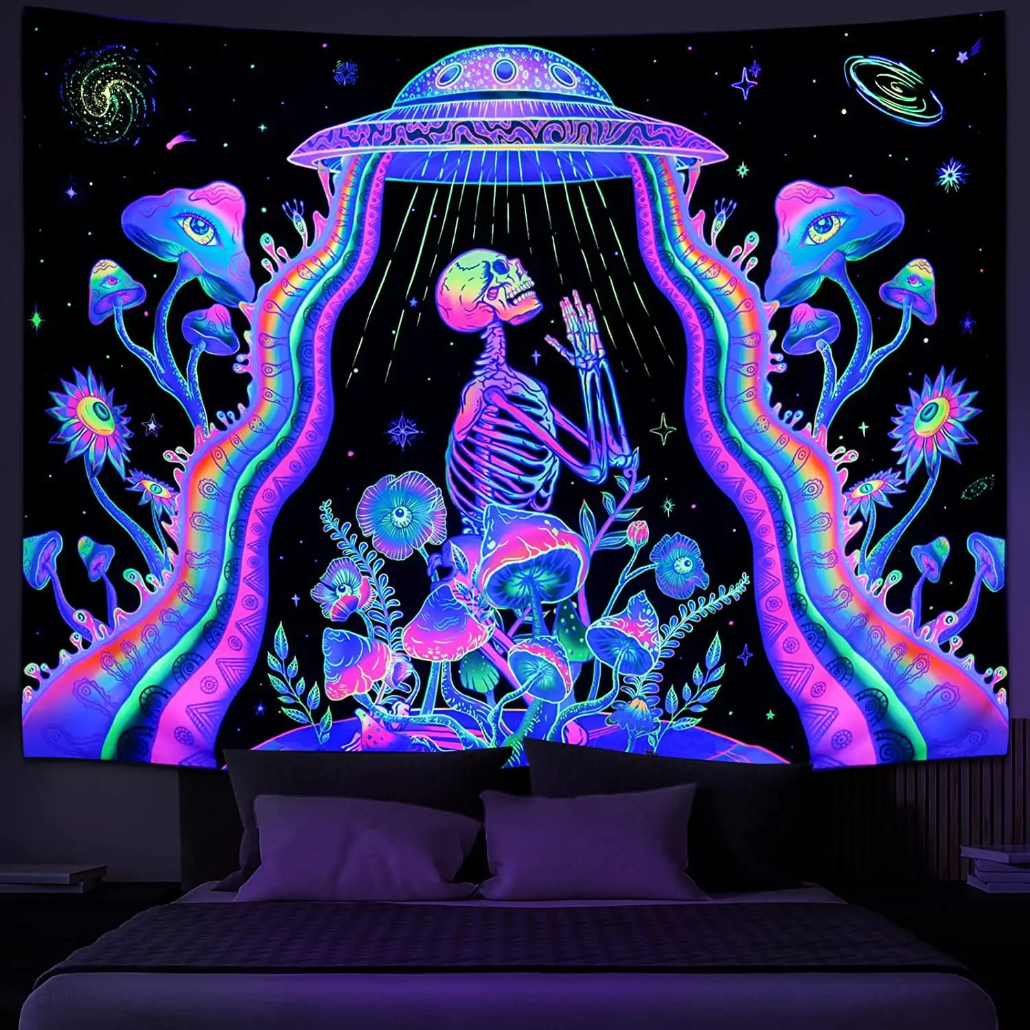 Blacklight Tapisserie Fluorescence Tapisserie Squelette Néon Trippy UV Réactif Affiches Tenture Murale Décor pour Chambre