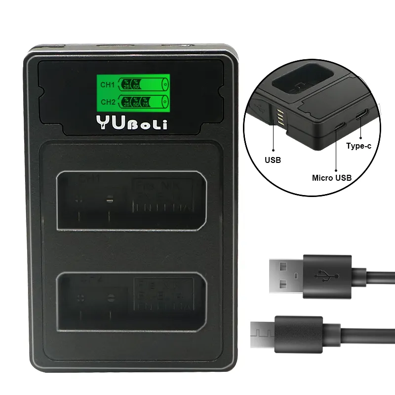 YUBOLi-EN-EL14 de carga Dual para cámara, cargador de batería portátil EN-EL14A LCD, USB, para Nikon D90, D300, D5300, D5200, D5100, D3300