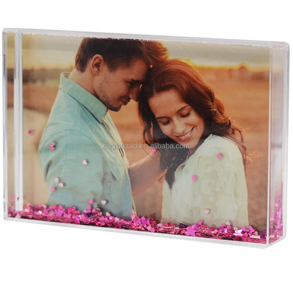 Moldura retângulo rosa líquido para fotos, moldura de fotos com glitter, instax, divertido, com amor, glitter e lantejoulas