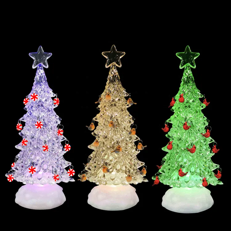 Decoración navideña Led Mini árbol de Navidad con colgantes cardinales Árbol de Navidad acrílico Árbol iluminado de cristal