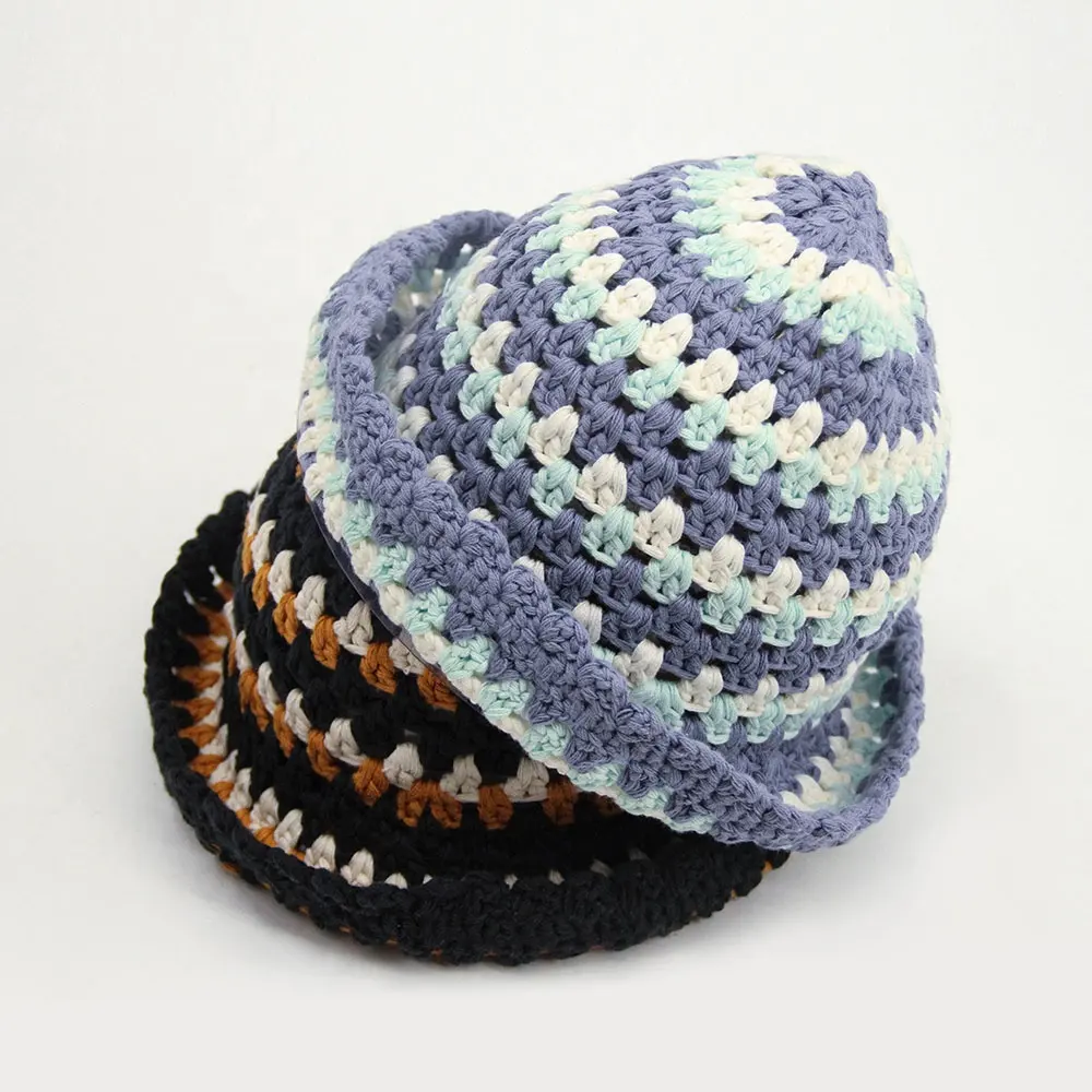 Sombreros de ganchillo hechos a mano para mujer, gorros de cubo con patrón de rayas suaves de punto 100% algodón, venta al por mayor