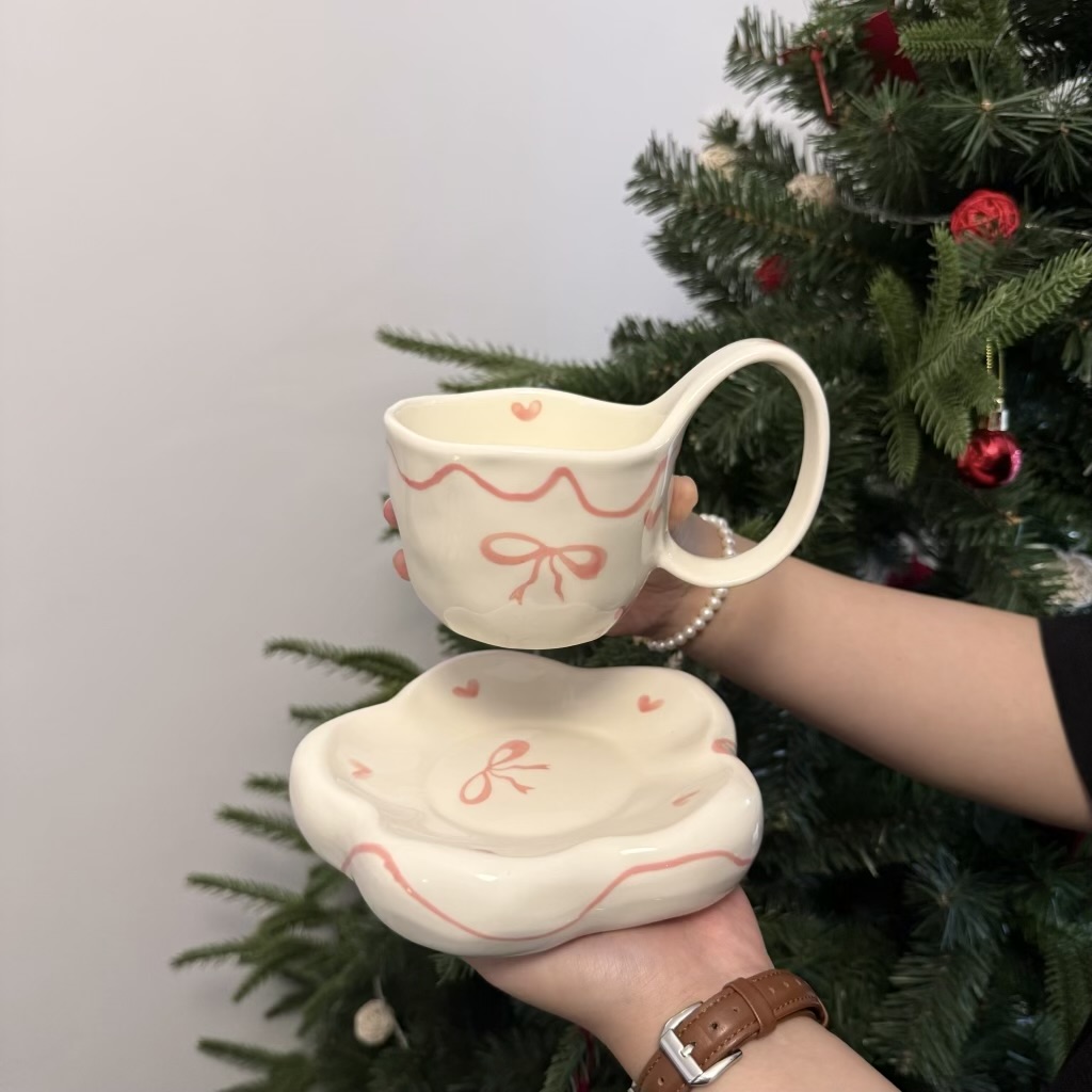 Noeud ruban rose tasse 300ml plat 15,5cm