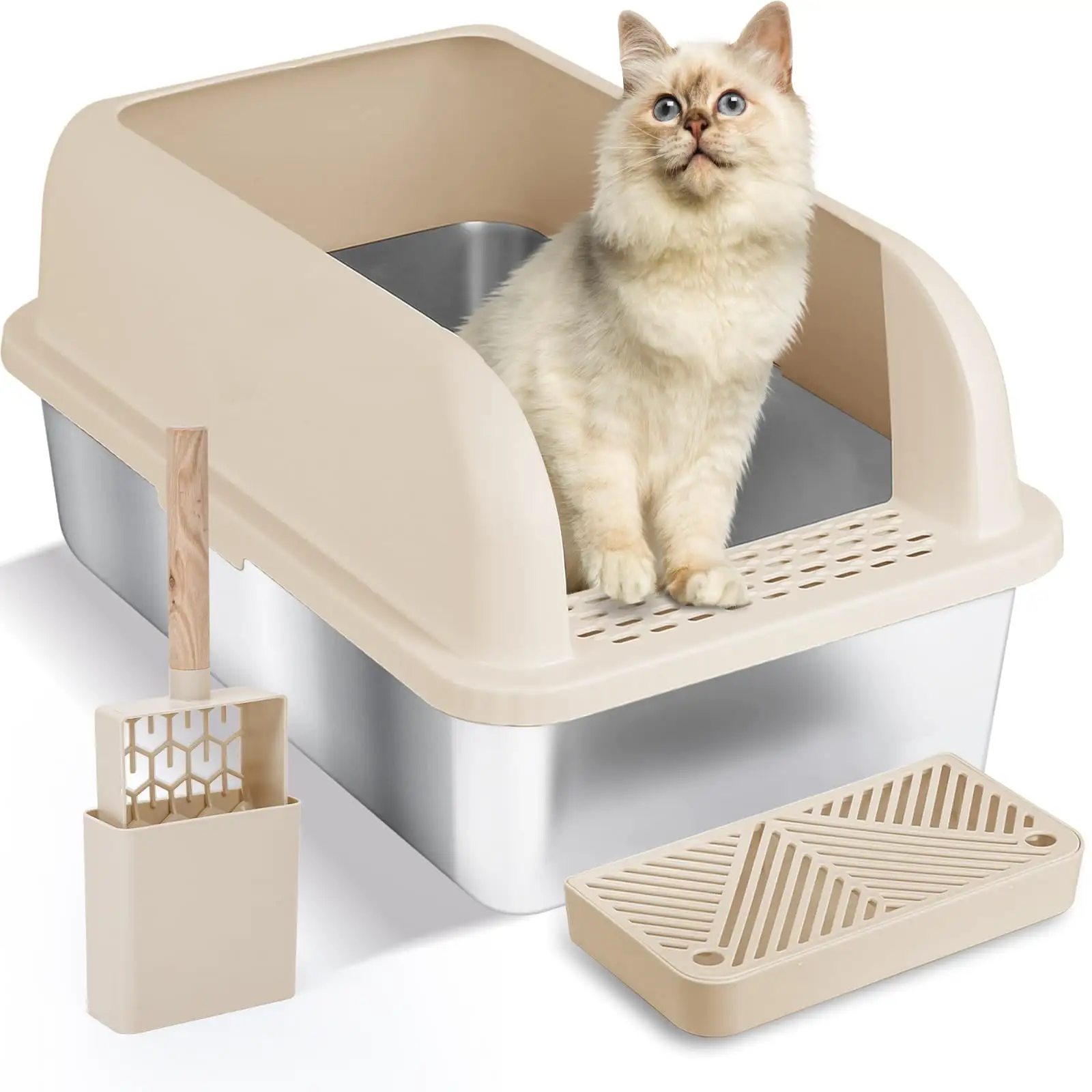 ZMaker очень большой ящик для кошачьих туалетов из нержавеющей стали с высокой стенкой, легко очищается, закрытый ящик для кошачьих туалетов для больших