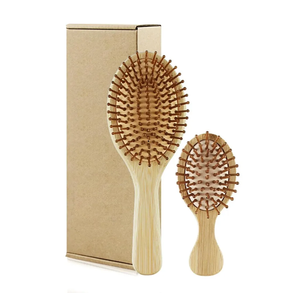 Pente de madeira para massagem de bambu natural, escova de cabelo com almofada de ar, pente de cabelo de bambu