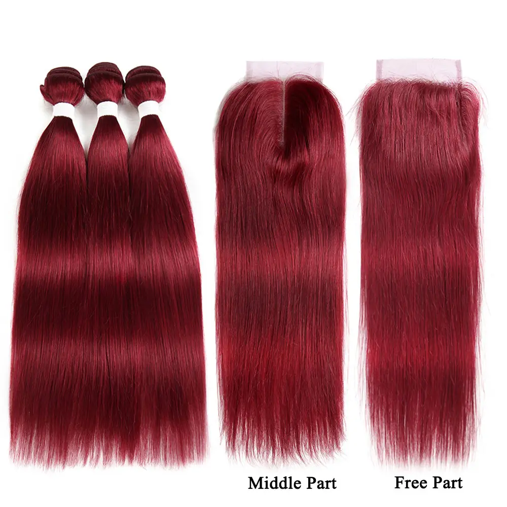 99J/Burgundy ผมมนุษย์ปิด 4x4 สีแดงบราซิลตรงผมรวมกลุ่มปิด non-Remy Hair