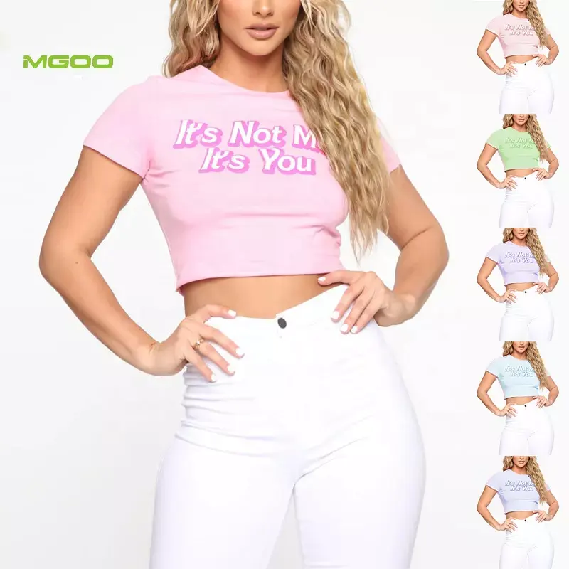 MGOO Custom Slogan Screen Print Sexy Cropped T Shirt donna morbido cotone Spandex Baby Pink Crop Tee