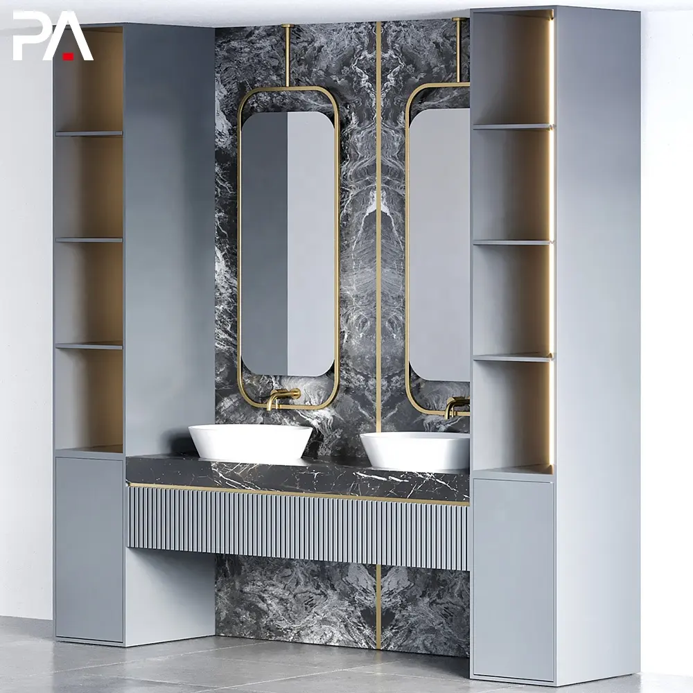 PA furniture luxury double basin vanity sink PVC storage bathroom vanity cabinet