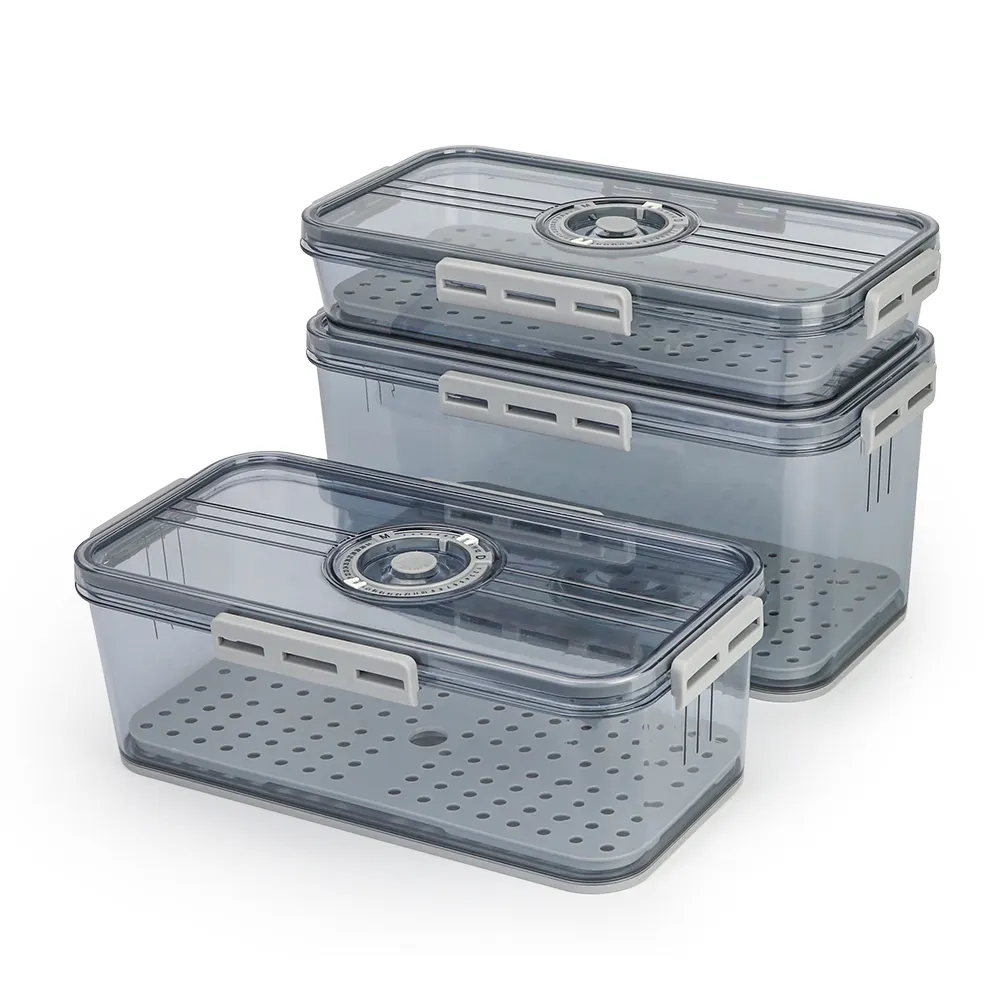3-er Pack BPA-frei transparentes PET-Kunststoff Spritzgusformung zeitgestimmt verschließbare Kühlschrank-Organisator-Dosen rechteckige stapelbare Schachteln Lebensmittel
